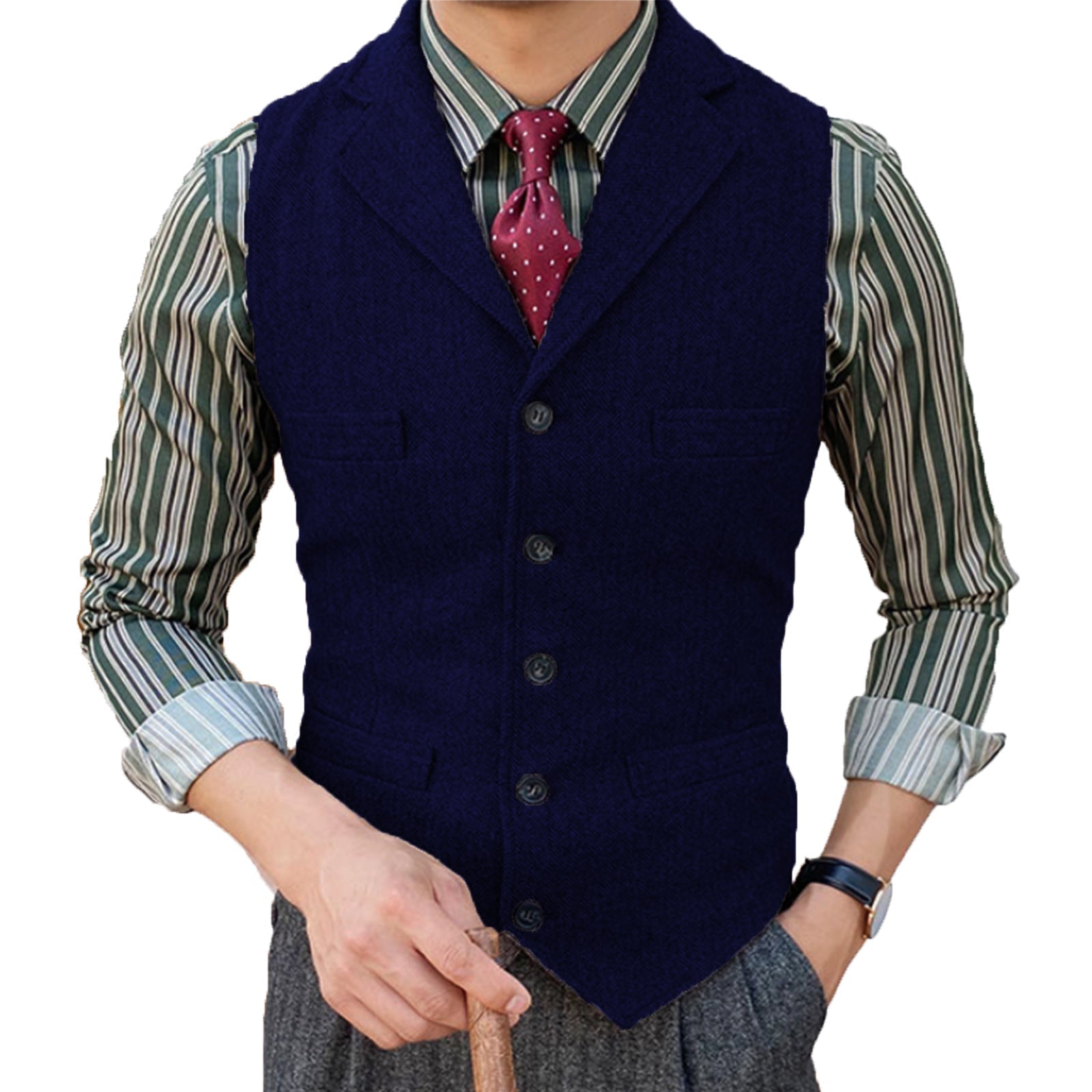 aesido Formal Men's Suit Vest Herringbone Notch Lapel Waistcoat