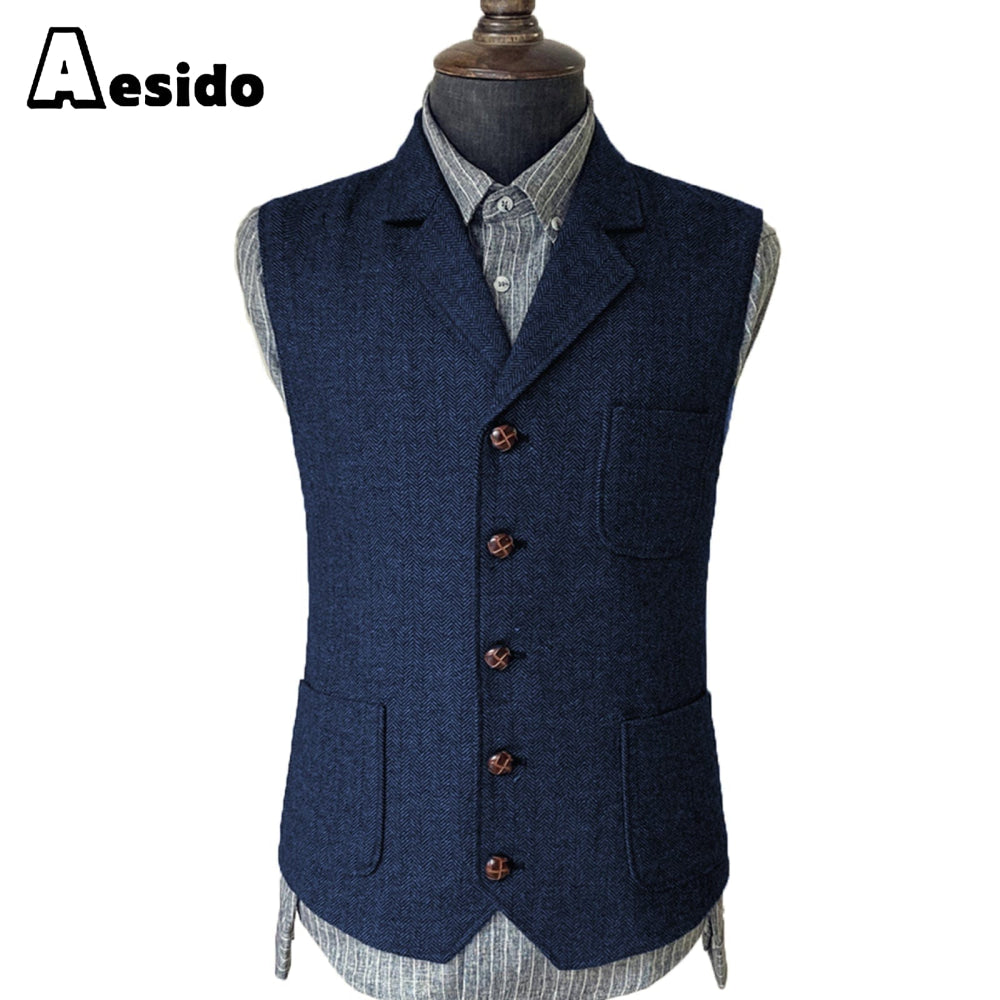 aesido Formal Men's Suit Vest Herringbone Notch Lapel Waistcoat