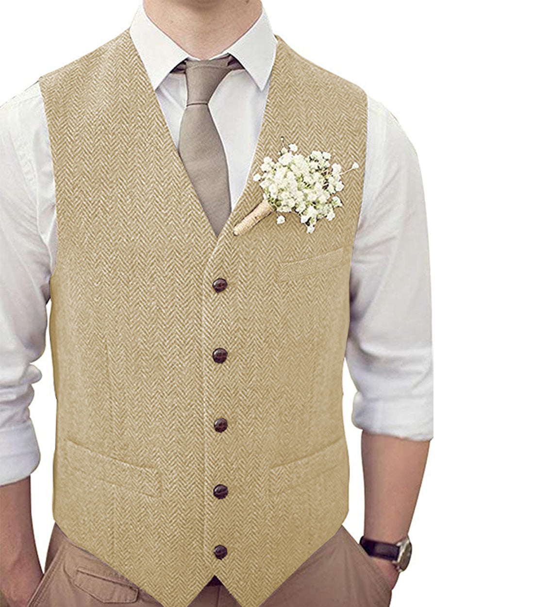 aesido Formal Men's Suit Vest Herringbone V Neck Waistcoat for Wedding