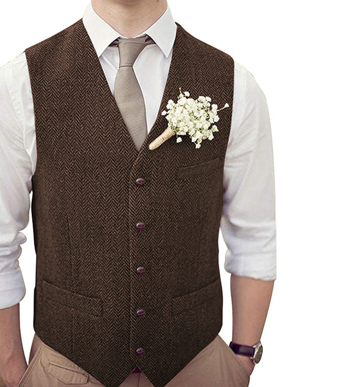 aesido Formal Men's Suit Vest Herringbone V Neck Waistcoat for Wedding