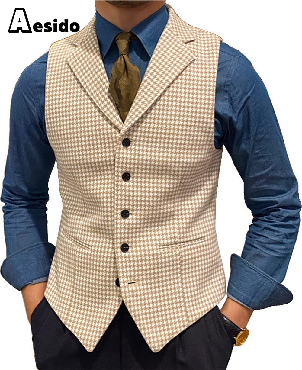 aesido Formal Men's Suit Vest Houndstooth Lapel Waistcoat