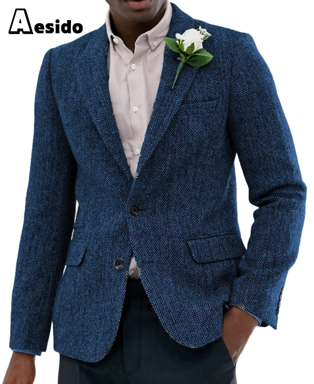 aesido Formal Men's Wool Herringbone Notch Lapel Blazer