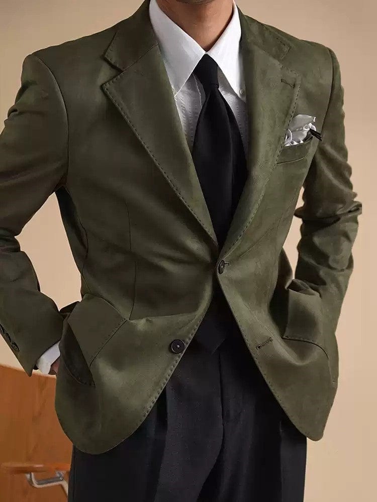 aesido Green Vintage Suede Jacket Business Casual Notch Lapel Men Blazer