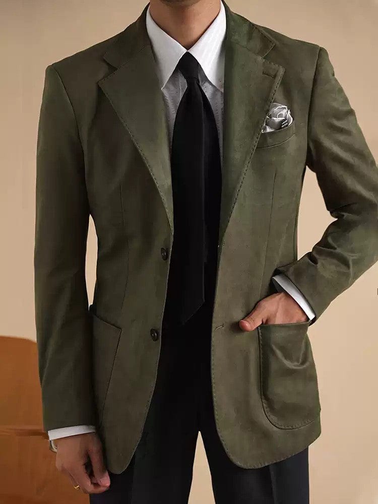 aesido Green Vintage Suede Jacket Business Casual Notch Lapel Men Blazer