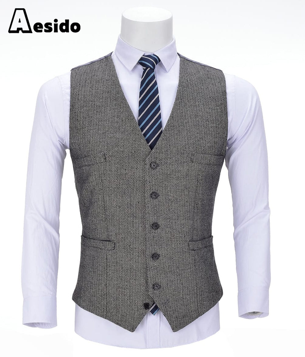 aesido Grey Herringbone V Neck Waistcoat