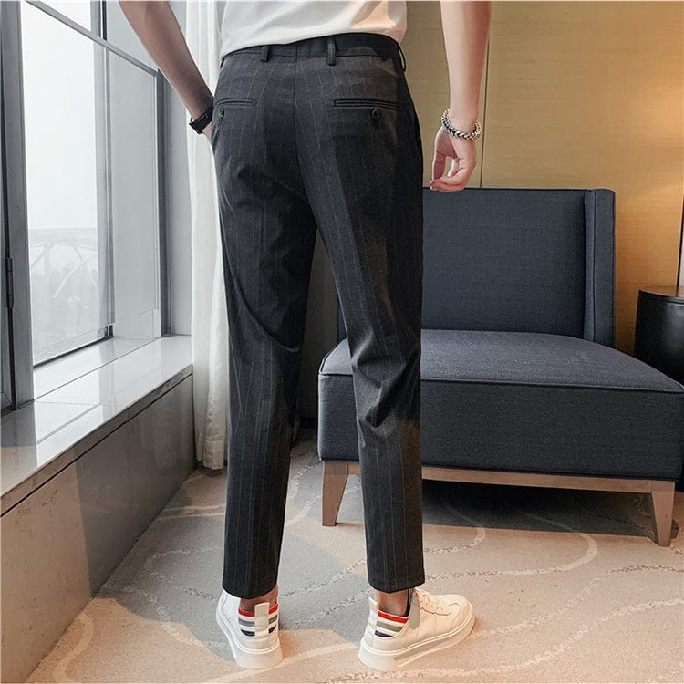 aesido Grey Striped Business Casual Slim Fit Men's Pants