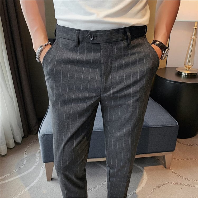 aesido Grey Striped Business Casual Slim Fit Men's Pants