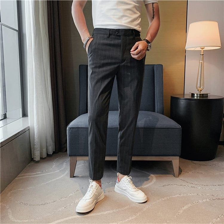 aesido Grey Striped Business Casual Slim Fit Men's Pants