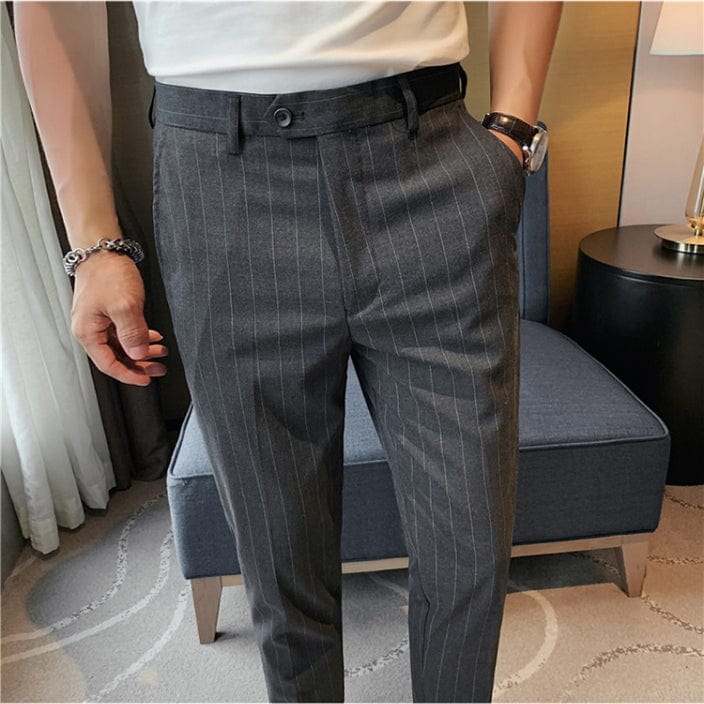 aesido Grey Striped Business Casual Slim Fit Men's Pants