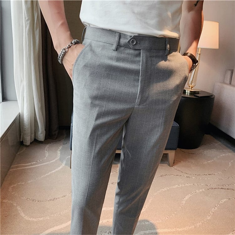 aesido Grey Striped Business Casual Slim Fit Men's Pants