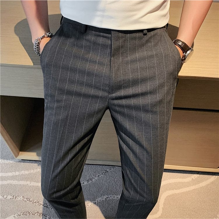 aesido Grey Striped Business Casual Slim Fit Men's Pants