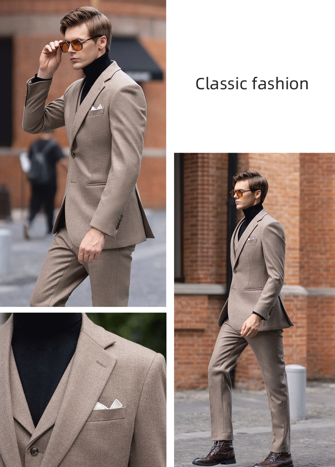 aesido Khaki Light Luxury High-End Casual Slim Suit Men's Formal Wedding 3 Piece Suit