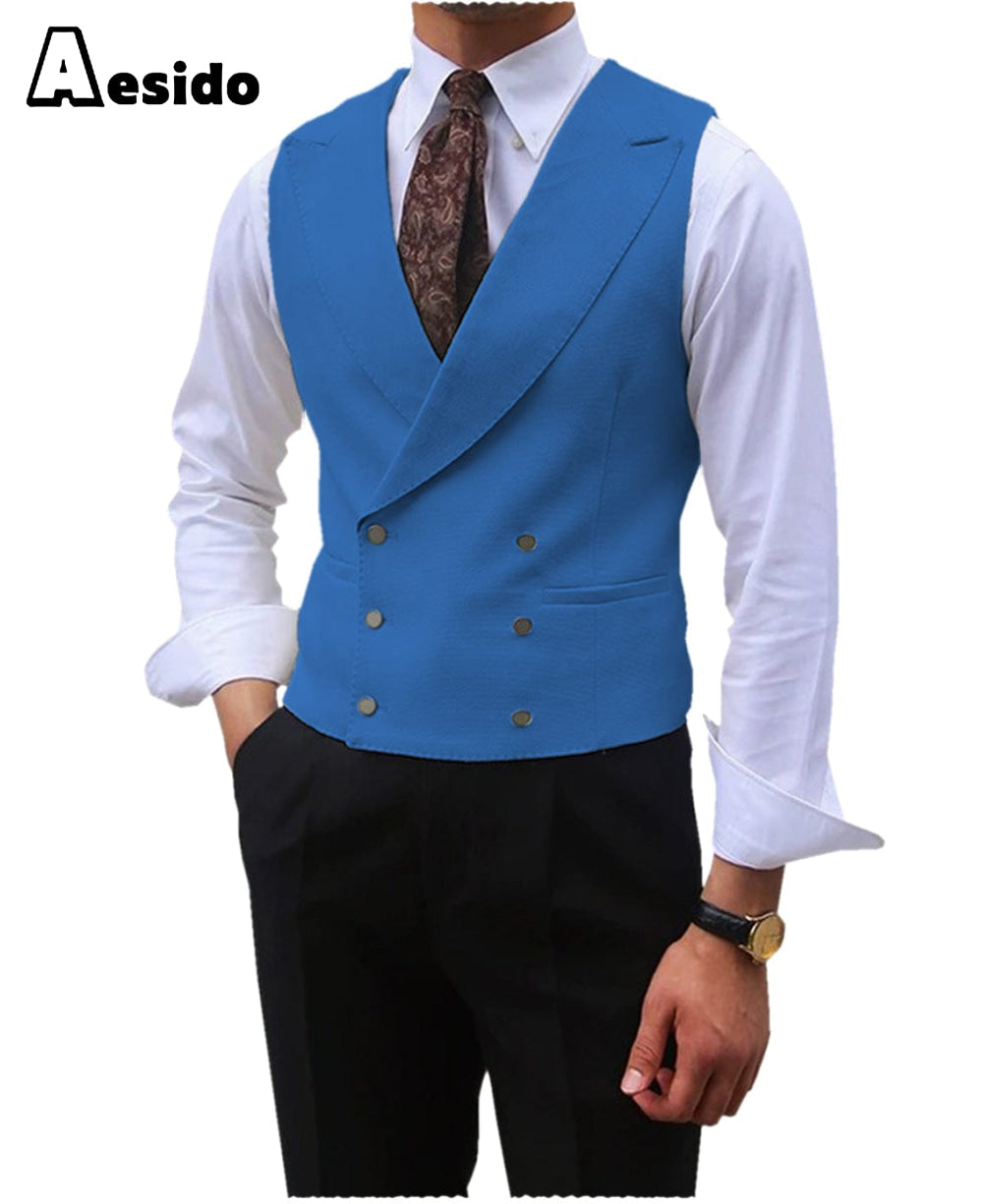 aesido Leisure Double Breasted Peak Lapel Men Waistcoat