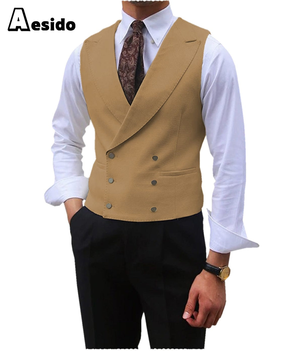 aesido Leisure Double Breasted Peak Lapel Men Waistcoat