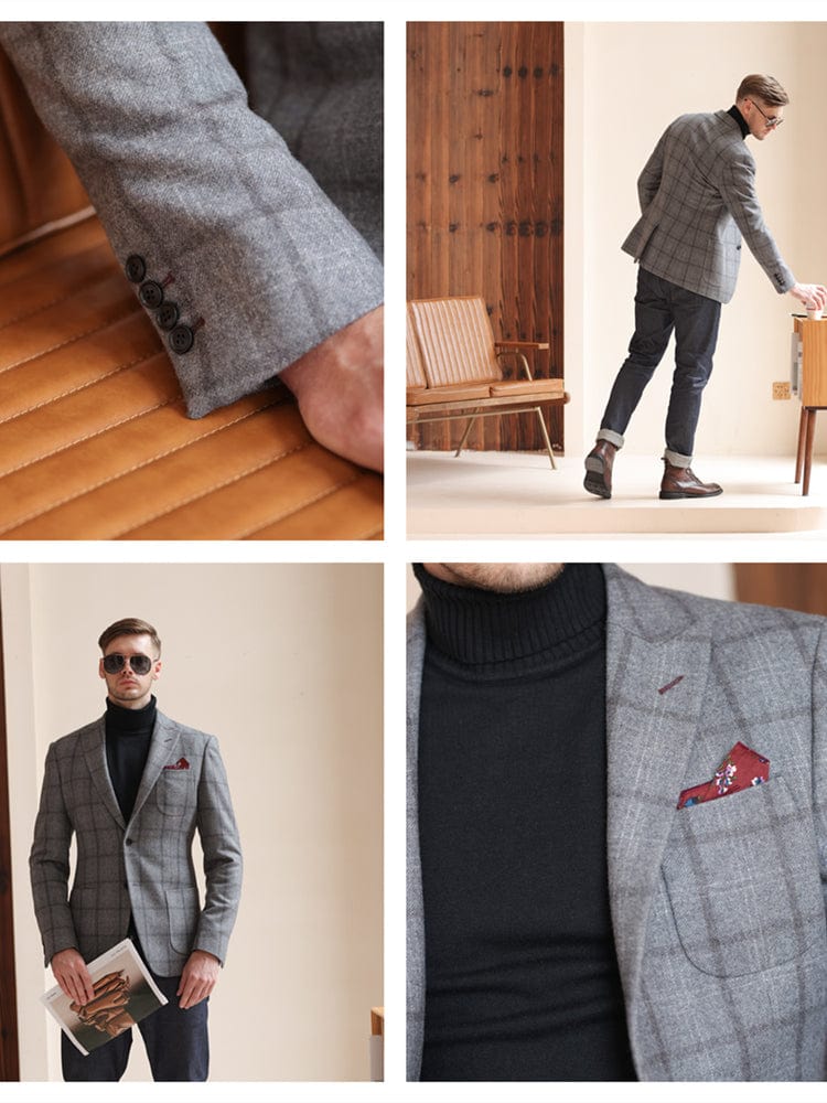 aesido Light Grey Tweed Plaid Casual High-End Men's Blazer