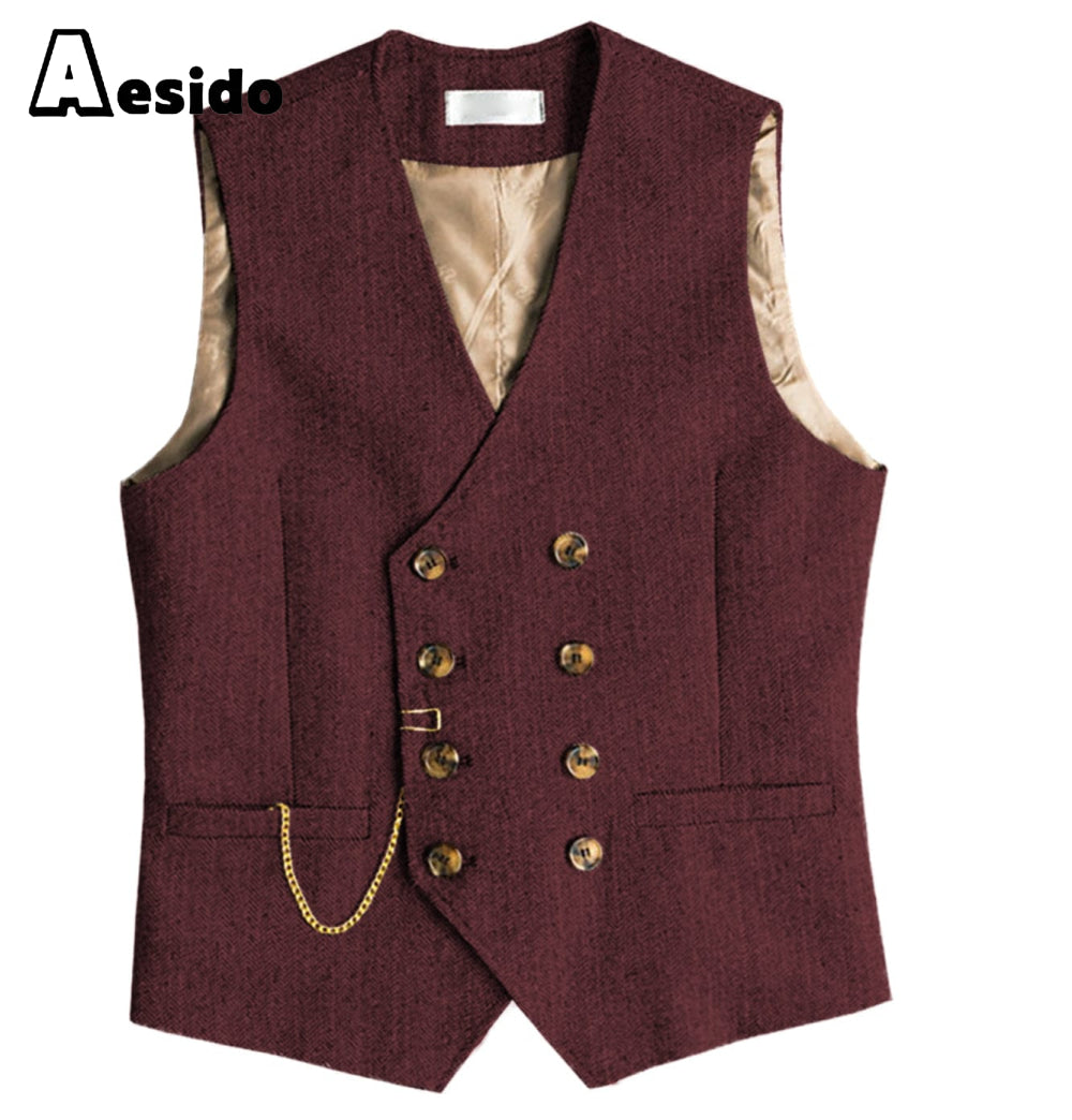 aesido Men Double Breasted V Neck Waistcoat