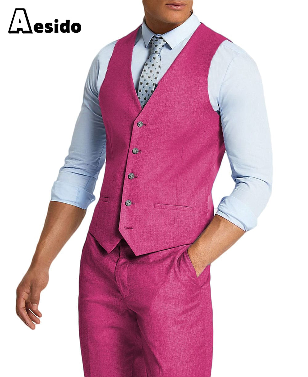 aesido Men's 2 Pieces Single Breasted V Neck Waistcoat（Vest+Pants）