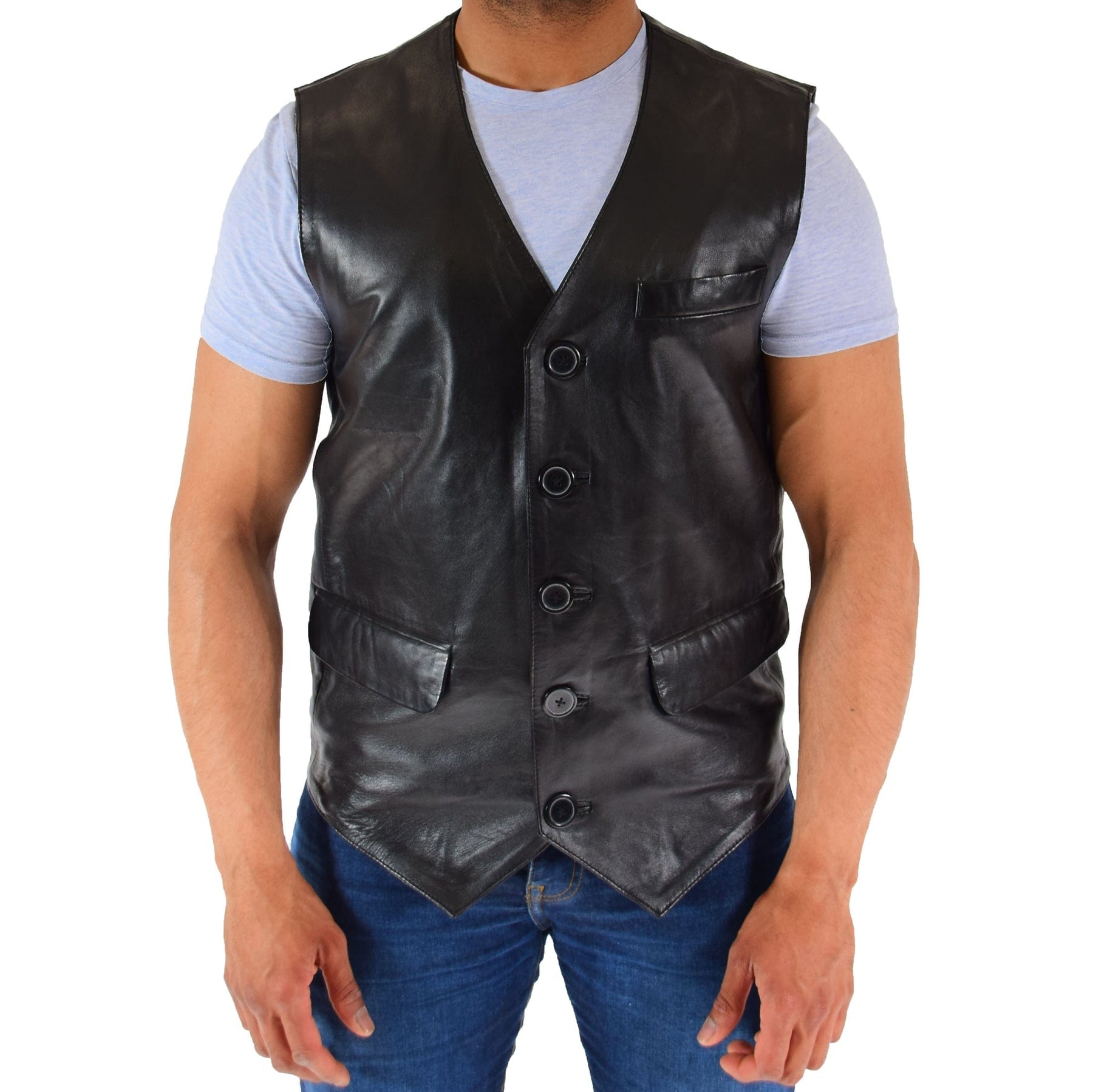 aesido Men's Black Vintage V Neck Leather Vest