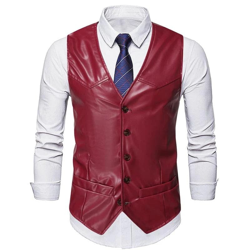 aesido Men's Business Casual Single Breasted V Neck Leather Vest