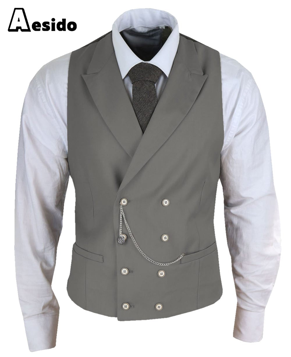 aesido Men's Double Breasted Peak Lapel Waistcoat