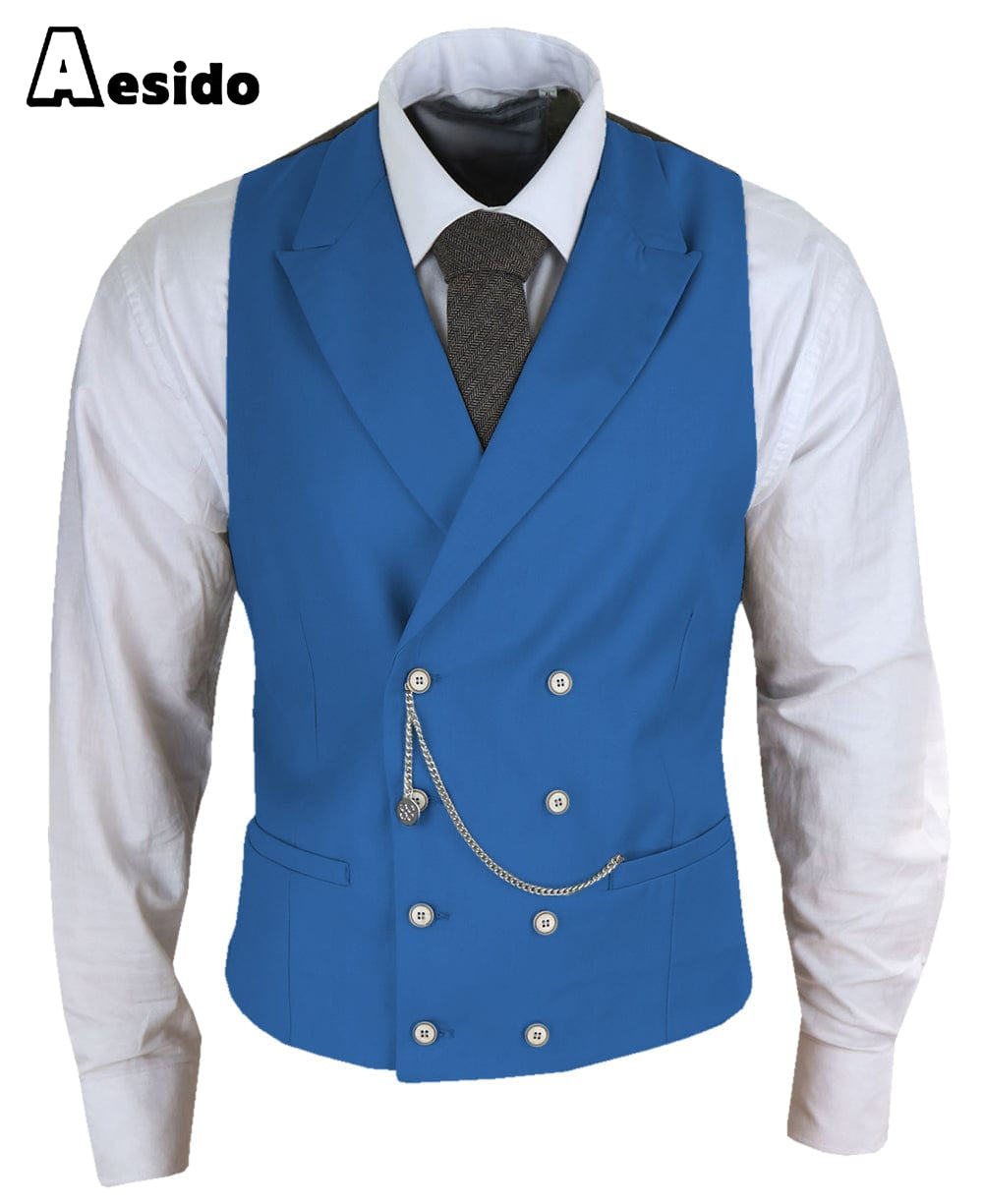 aesido Men's Double Breasted Peak Lapel Waistcoat