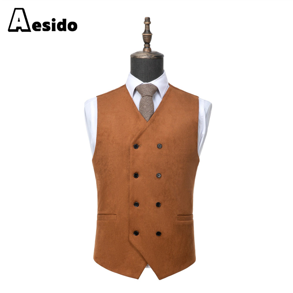 aesido Men's Double Breasted V Neck Suede Vest