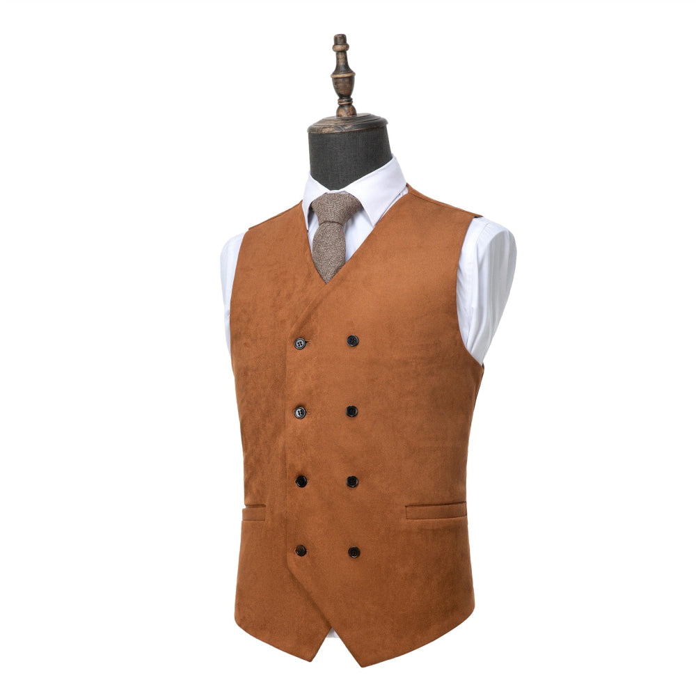 aesido Men's Double Breasted V Neck Suede Vest