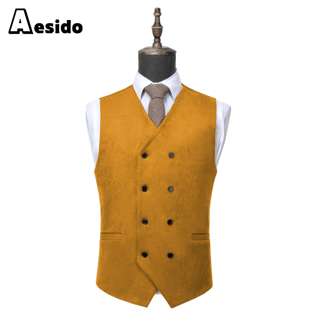 aesido Men's Double Breasted V Neck Suede Vest