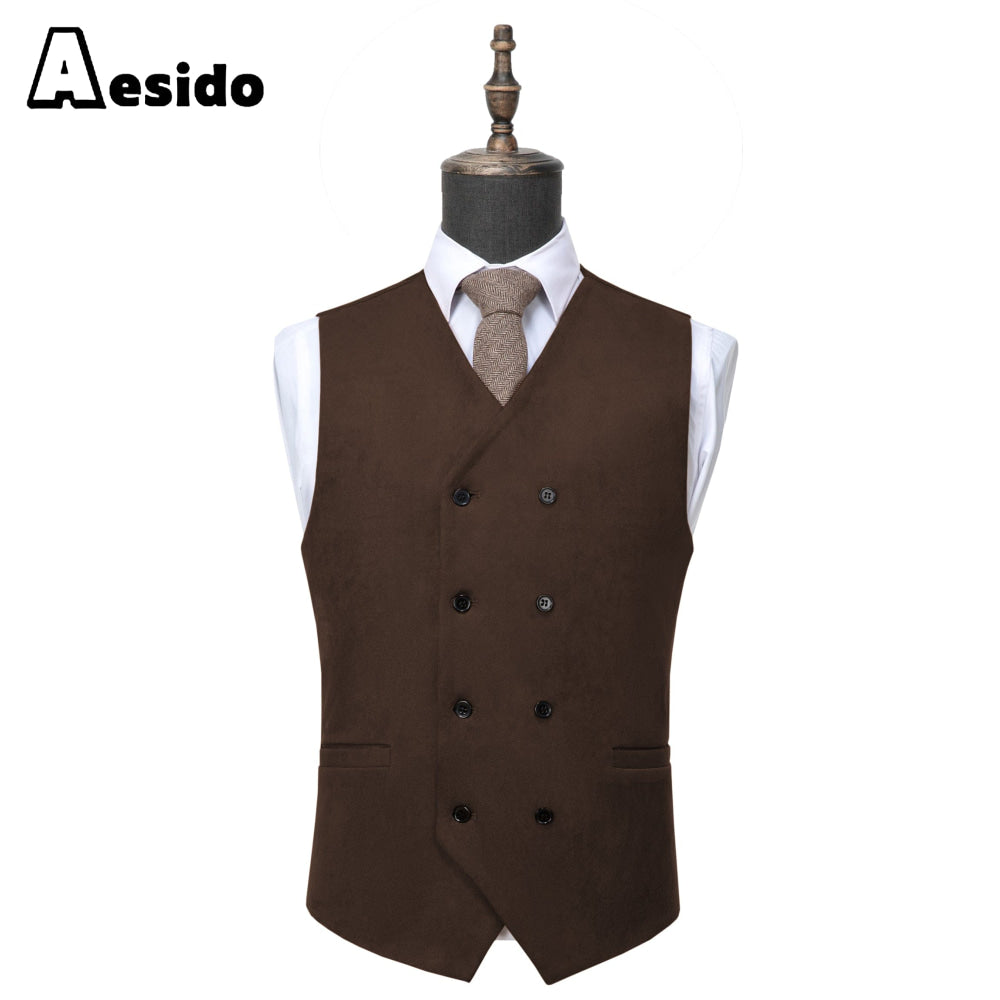 aesido Men's Double Breasted V Neck Suede Vest