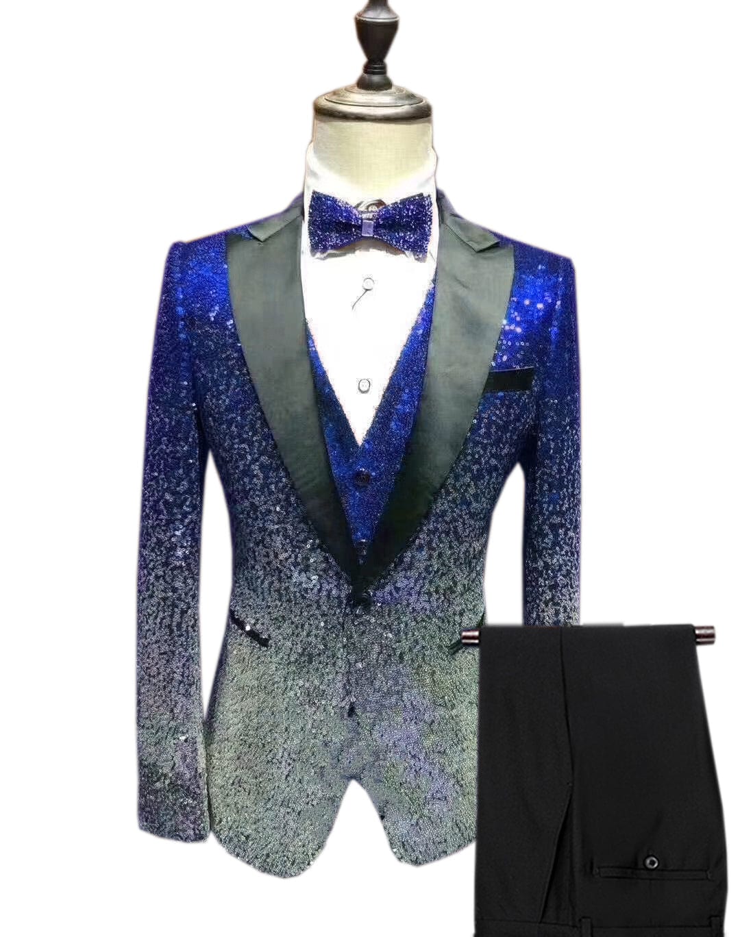 aesido Men's Fashion Gradient Sequined Tuxedo Suit Peak Lapel Men's Suit (Blazer + Vest + Pants)