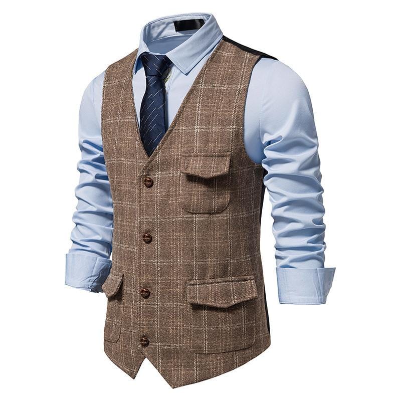 aesido Men's Plaid Multi Pocket V Neck Vest