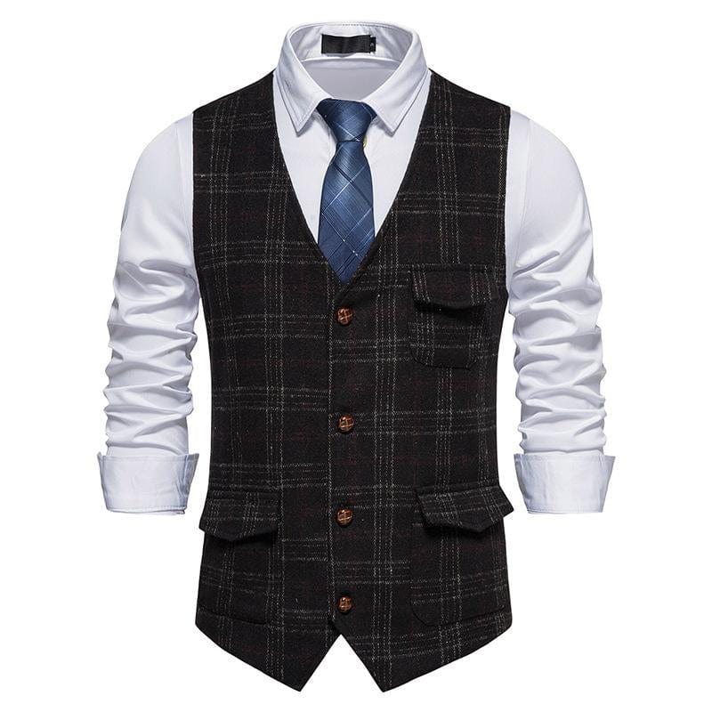 aesido Men's Plaid Multi Pocket V Neck Vest