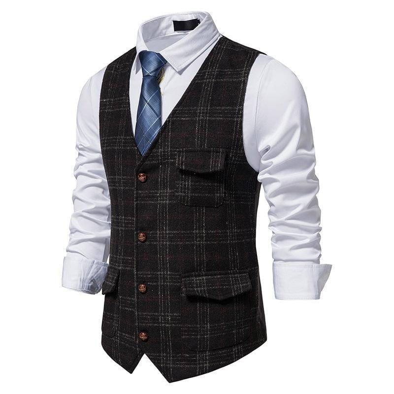 aesido Men's Plaid Multi Pocket V Neck Vest