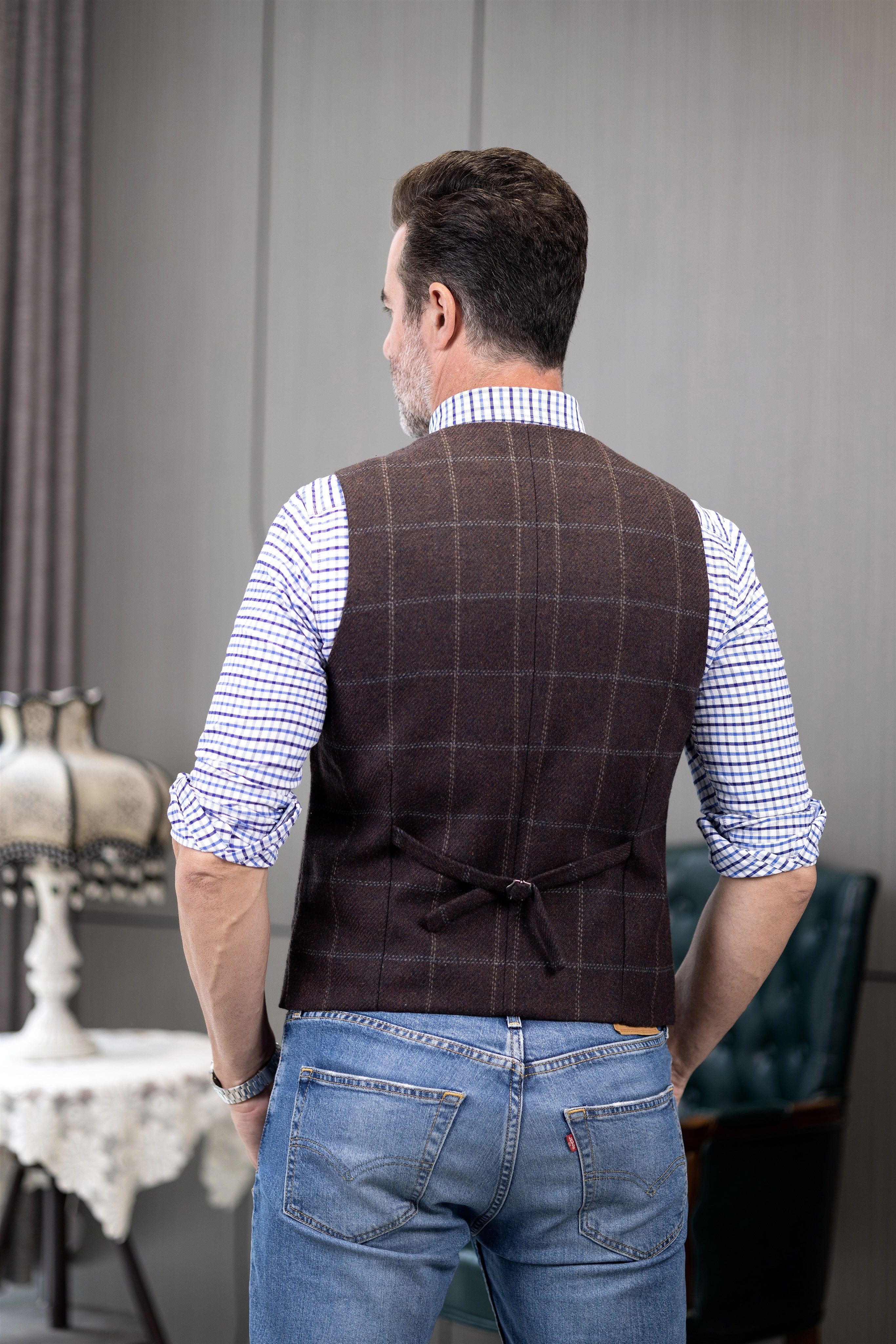 aesido Men's Plaid Single Breasted  Notch Lapel Casual Vest