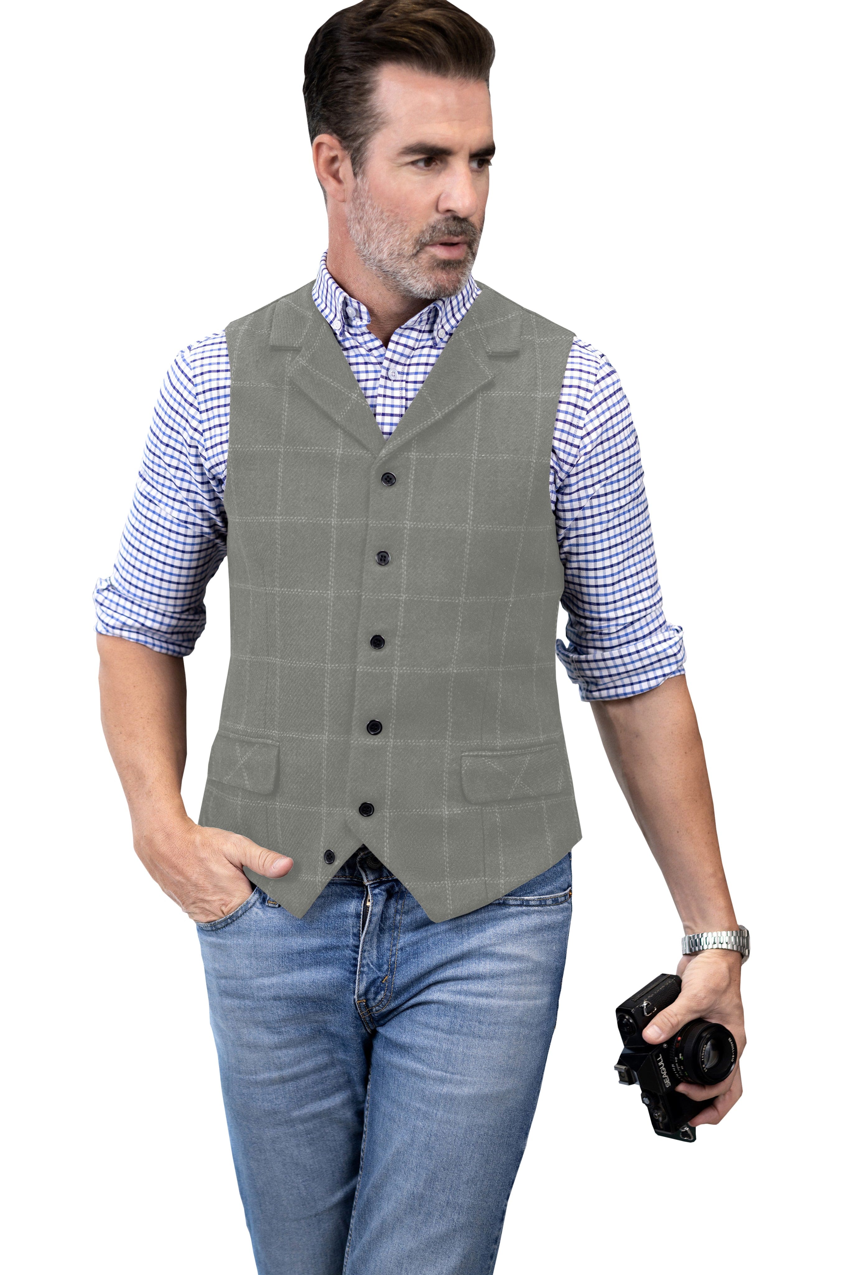 aesido Men's Plaid Single Breasted  Notch Lapel Casual Vest