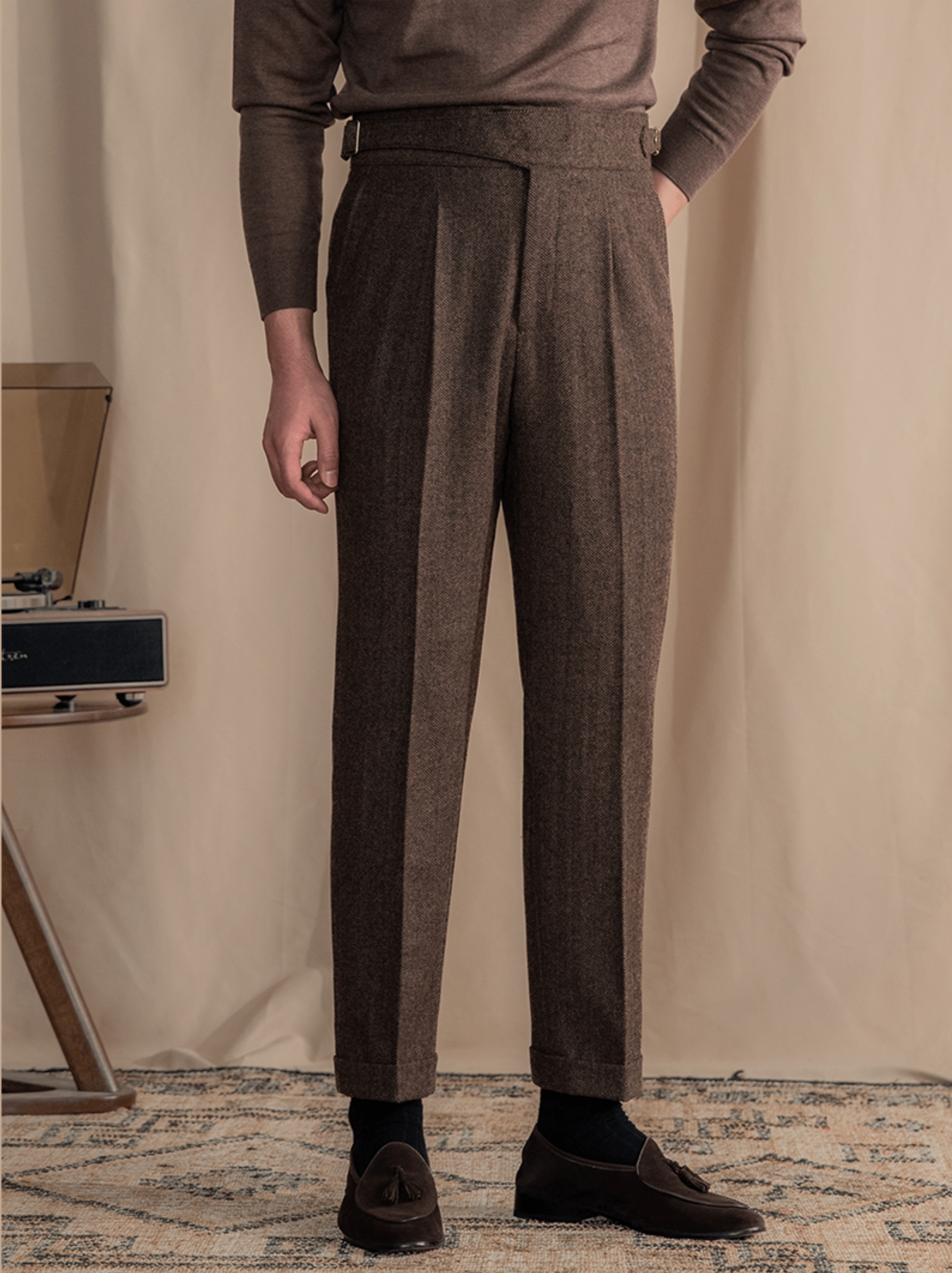 aesido Men's Retro Herringbone Casual High Rise Straight Leg Pants