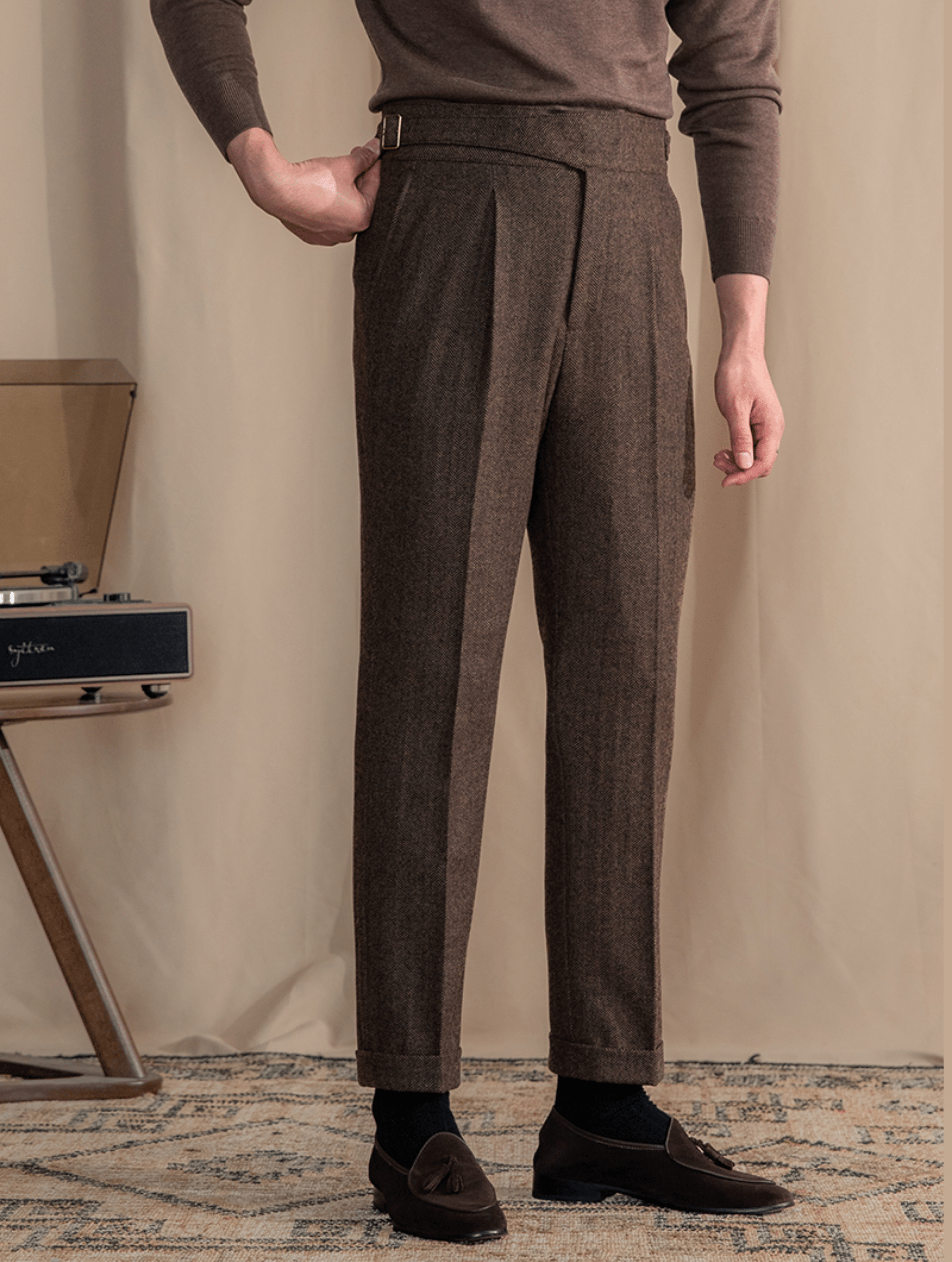 aesido Men's Retro Herringbone Casual High Rise Straight Leg Pants