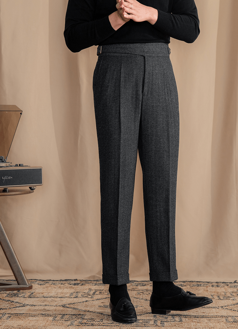 aesido Men's Retro Herringbone Casual High Rise Straight Leg Pants