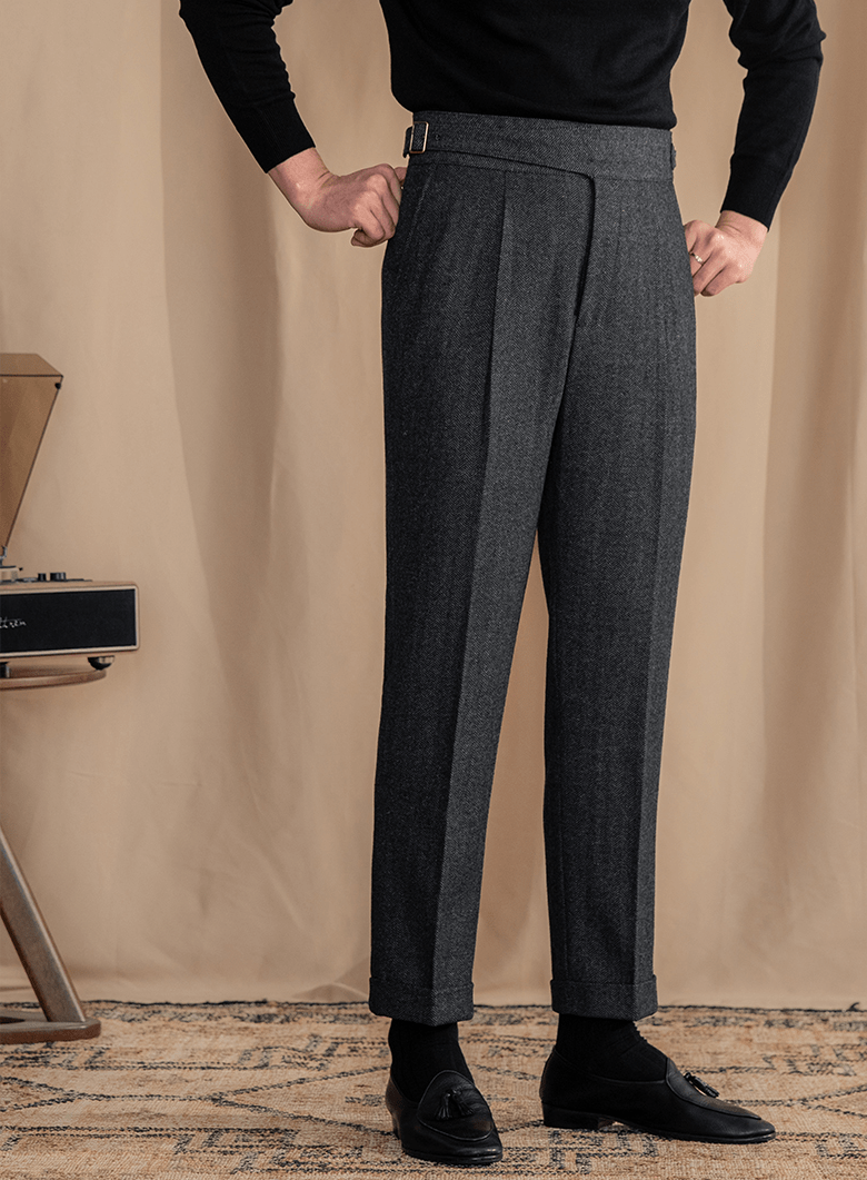 aesido Men's Retro Herringbone Casual High Rise Straight Leg Pants