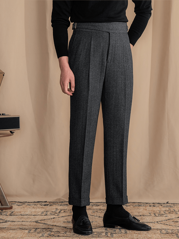 aesido Men's Retro Herringbone Casual High Rise Straight Leg Pants