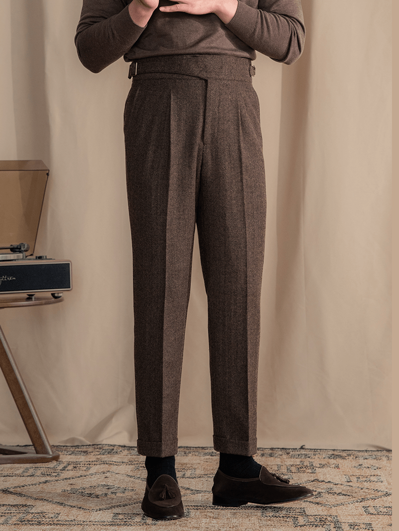 aesido Men's Retro Herringbone Casual High Rise Straight Leg Pants