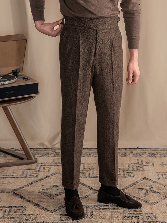 aesido Men's Retro Herringbone Casual High Rise Straight Leg Pants