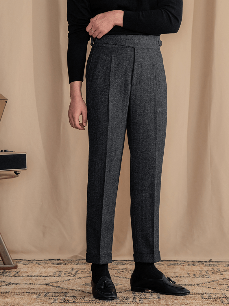 aesido Men's Retro Herringbone Casual High Rise Straight Leg Pants