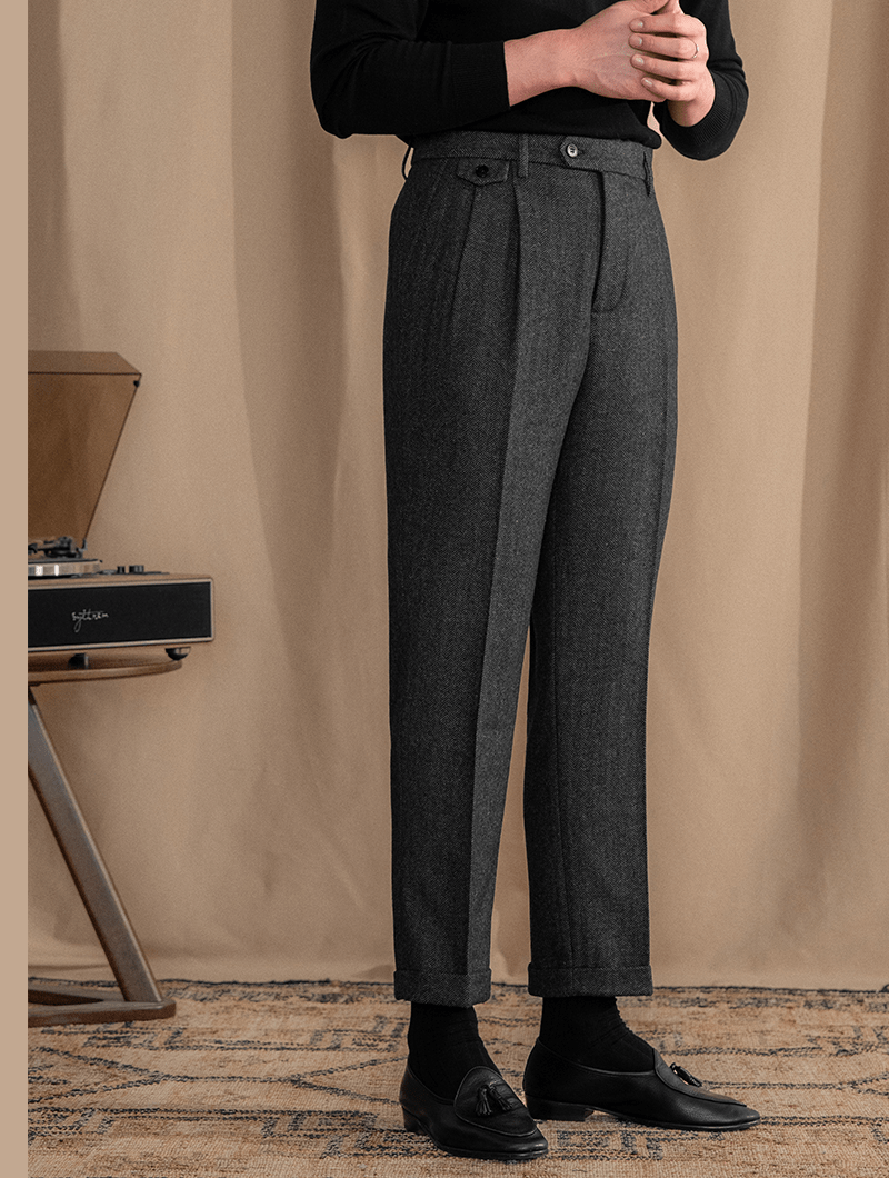 aesido Men's Retro Herringbone Pattern Fashionable Straight Casual Pants