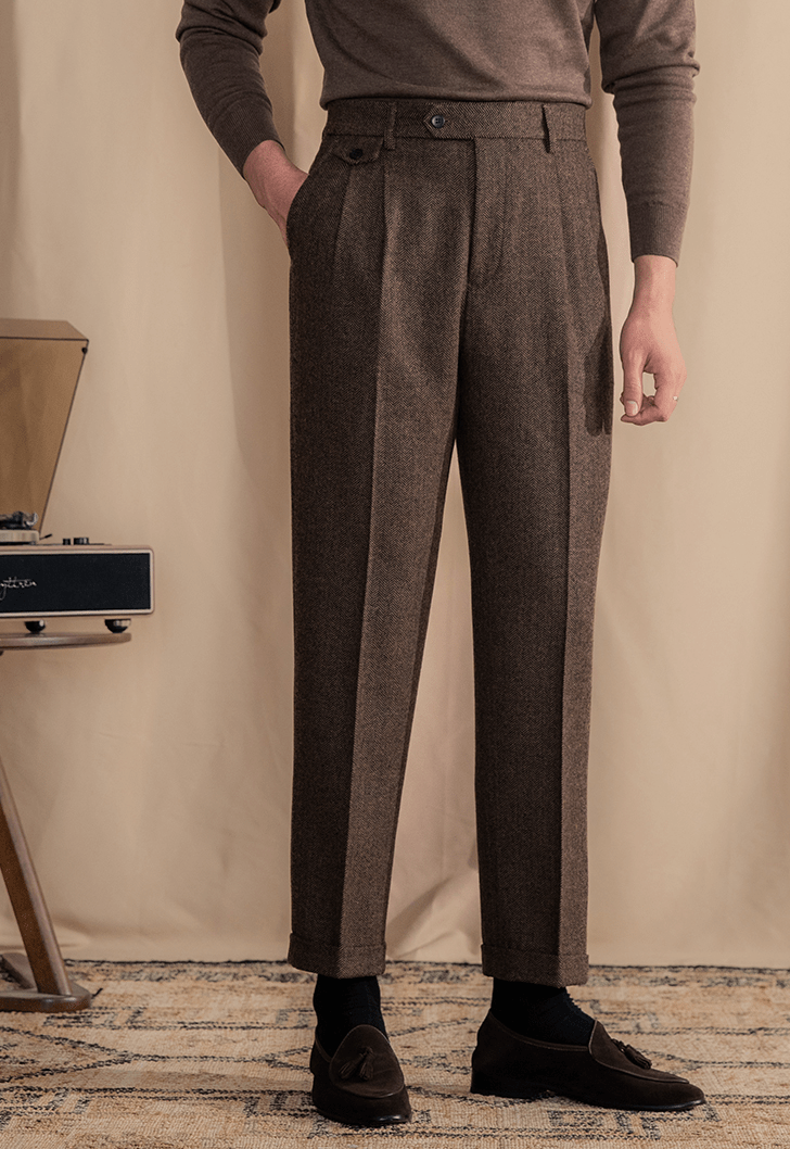 aesido Men's Retro Herringbone Pattern Fashionable Straight Casual Pants