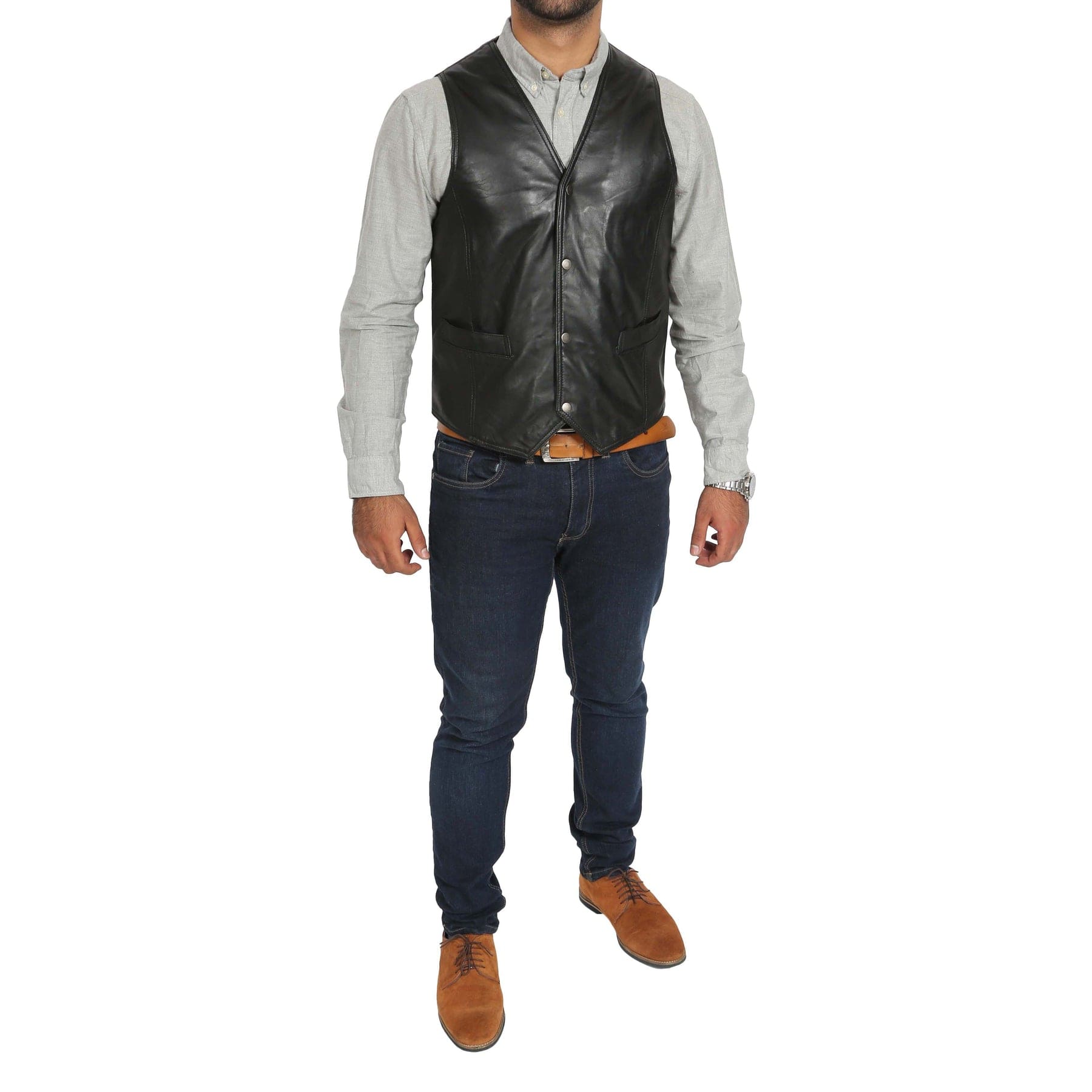 aesido Men's Single Breasted V Neck Leather Vest