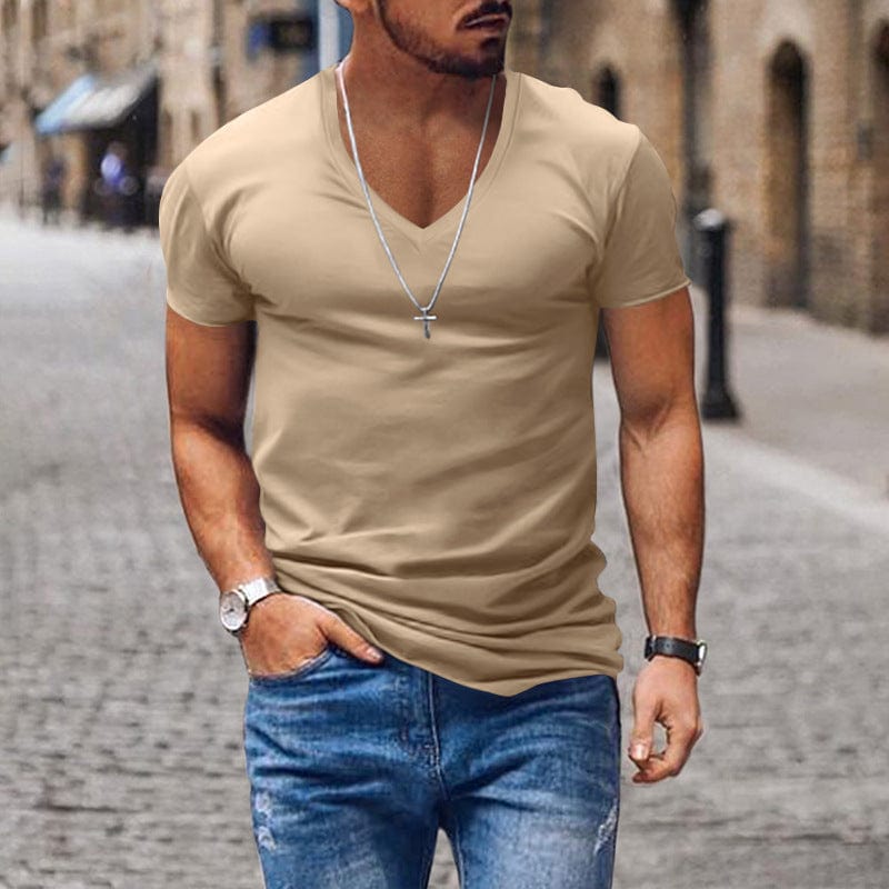 aesido Men's V Neck Solid Color Casual Short Sleeved T Shirt