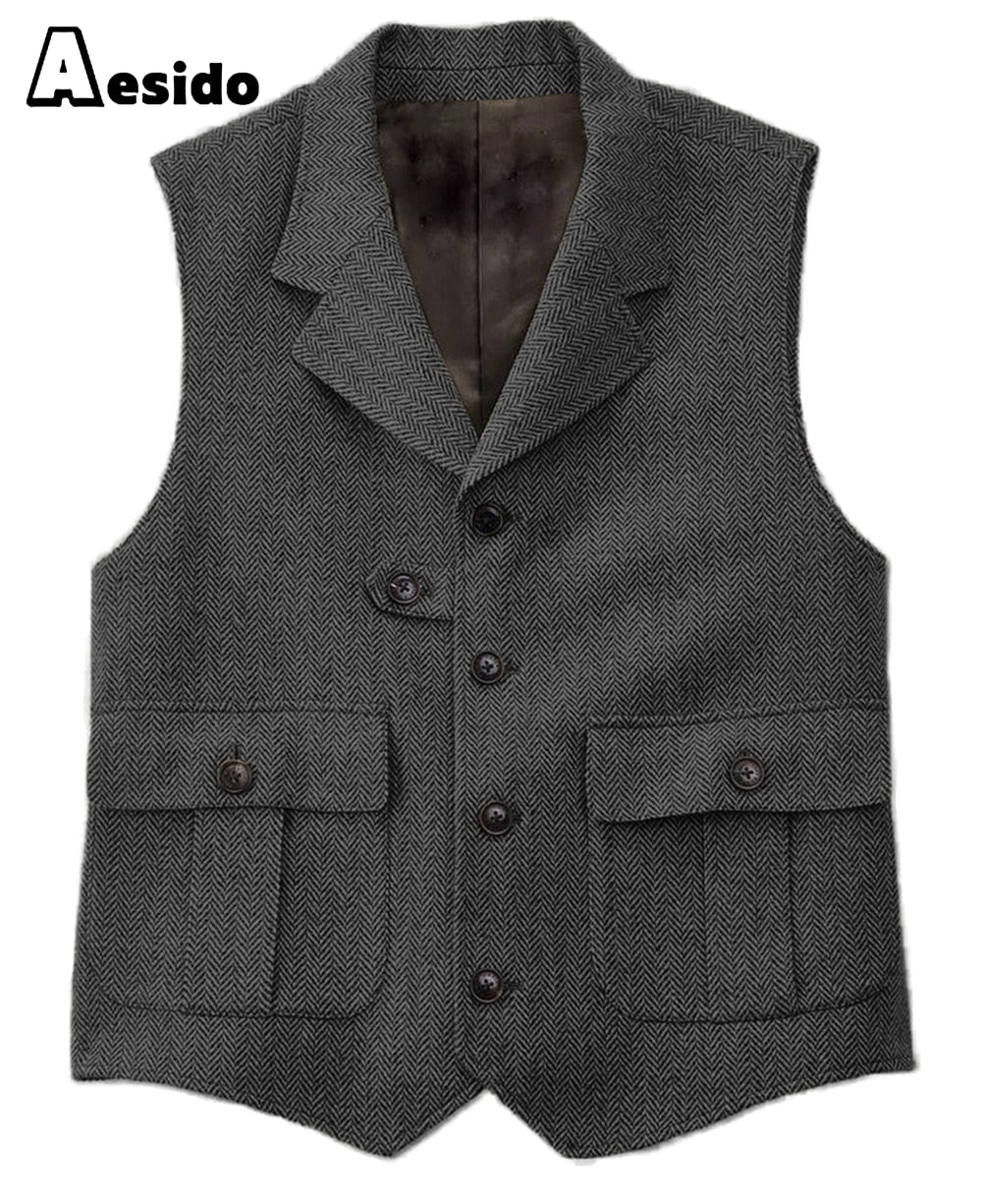 aesido Men's Vest Single Breasted Notch Lapel Waistcoat