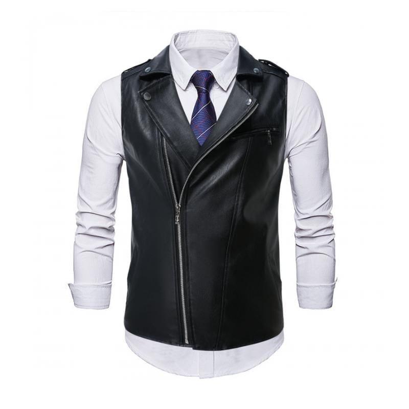 aesido Men's Vintage Notched Lapel Zippered Leather Vest