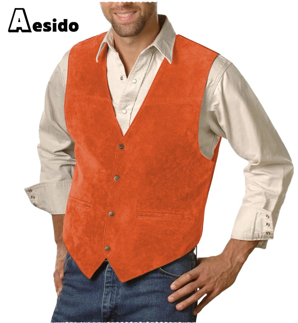 aesido Mens Single Breasted V Lapel Casual Suede Waistcoat